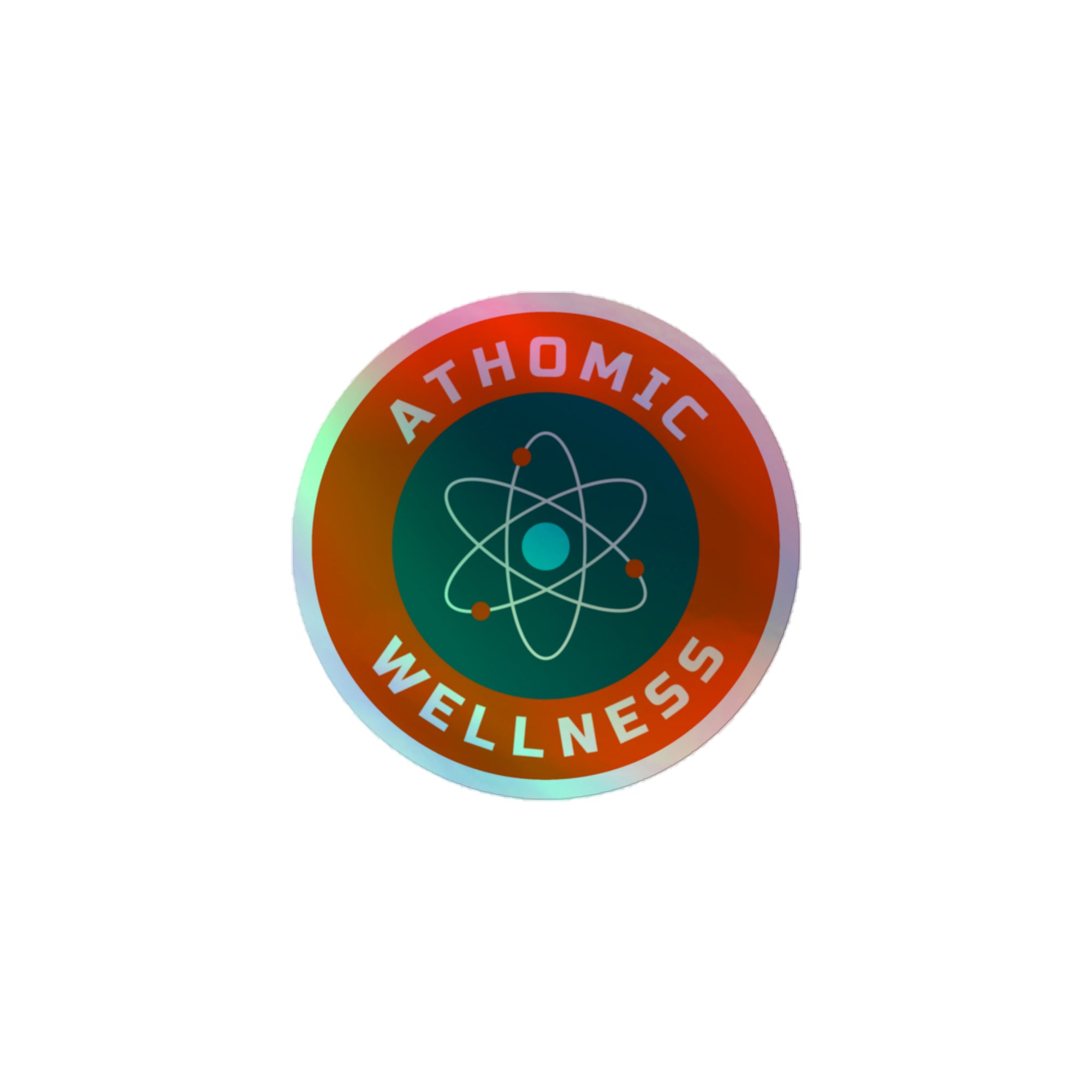 Sticker holographique Athomic Wellness "Pulse" 3x3 pouces sur fond blanc