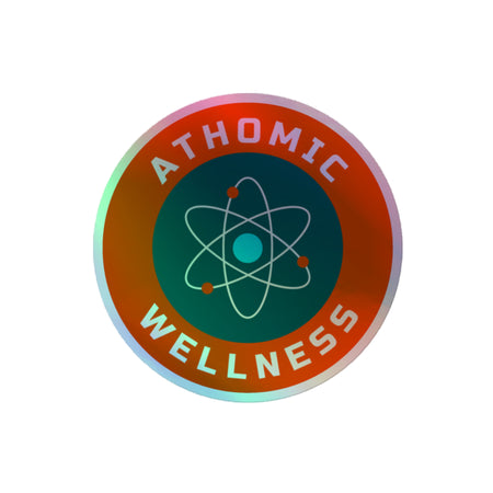 Sticker holographique Athomic Wellness "Pulse" 4x4 pouces sur fond blanc