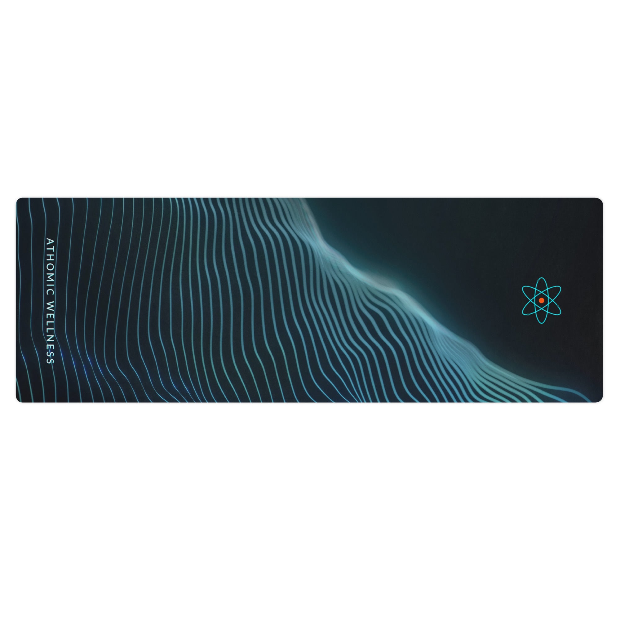 tapis de yoga Athomic Wellness Cosmic Wave posé à plat au sol, design vagues bleues sur fond noir