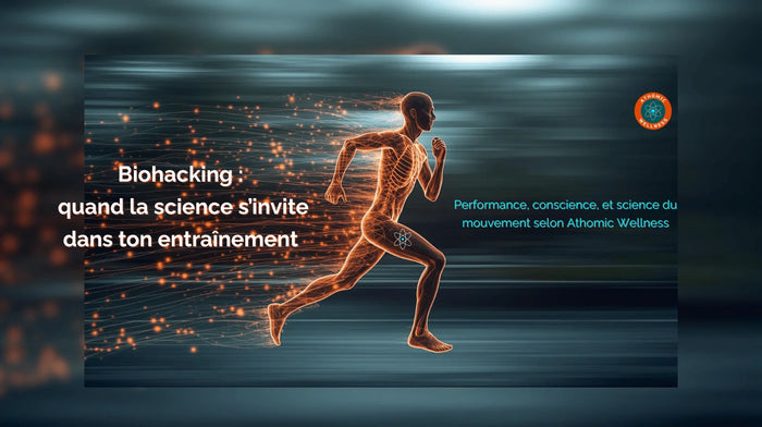 Athlète en mouvement, données biométriques et lumière naturelle illustrant la rencontre entre science et conscience