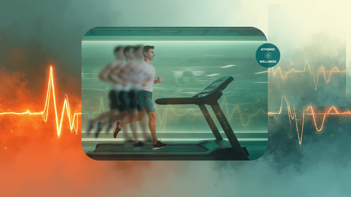 Coureur sur tapis de course illustrant l’équilibre entre HIIT et entraînement continu, fond vert et tracé cardiaque orange Athomic Wellness