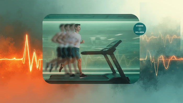 Coureur sur tapis de course illustrant l’équilibre entre HIIT et entraînement continu, fond vert et tracé cardiaque orange Athomic Wellness