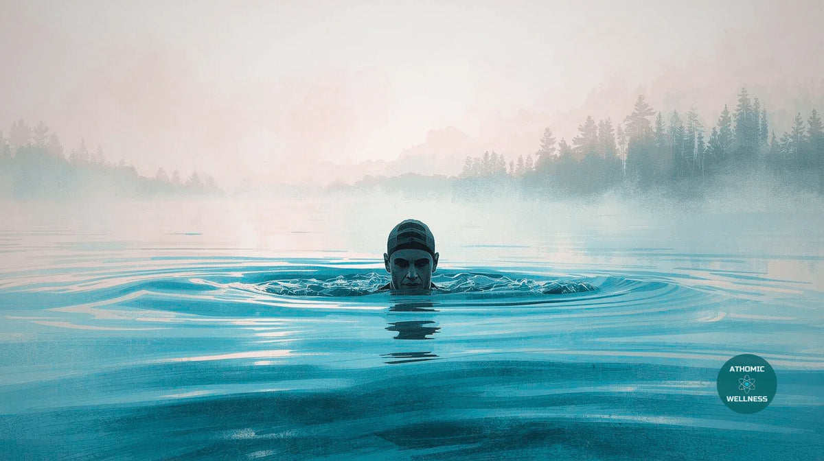 Nageur en immersion dans un lac froid au lever du jour, entouré de brume et de forêt, représentant l’exposition au froid et ses effets physiologiques.