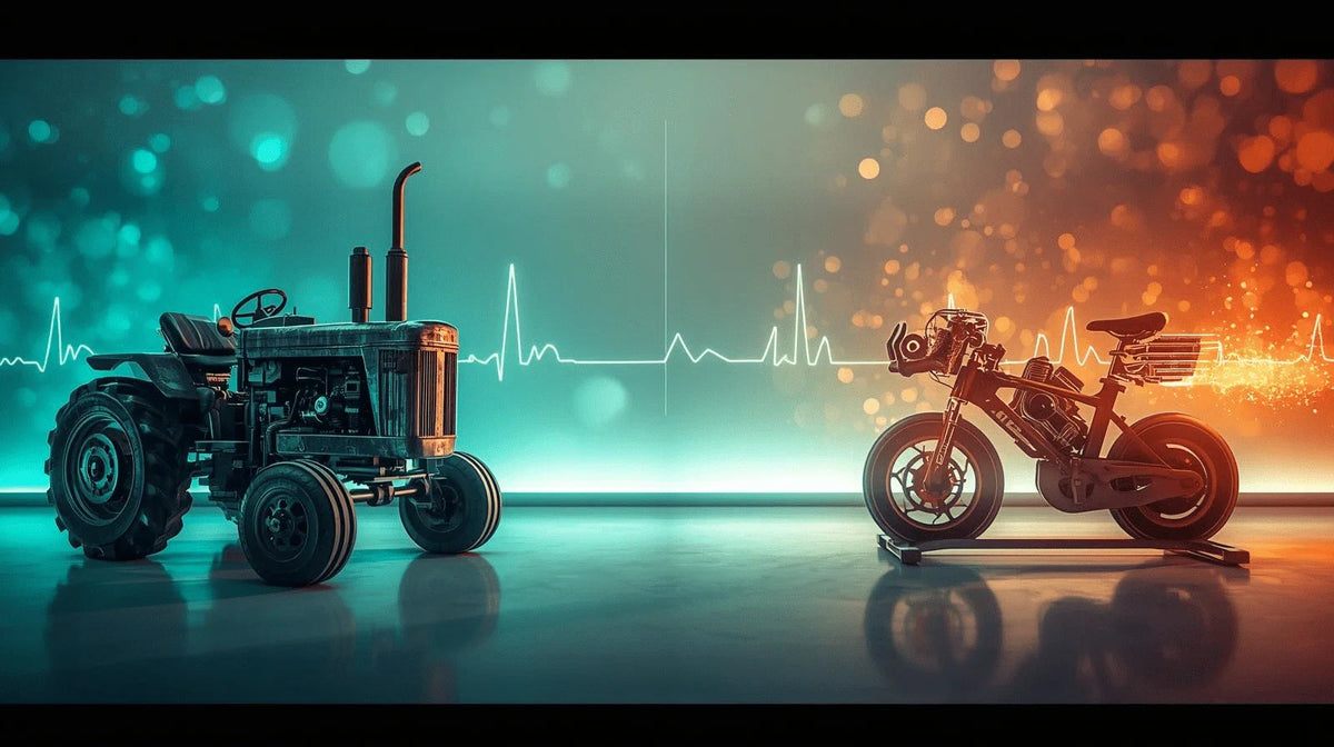 Duel visuel entre un tracteur lent et un vélo futuriste sur fond d’électrocardiogramme, symbolisant l’équilibre entre endurance fondamentale et intervalle training.