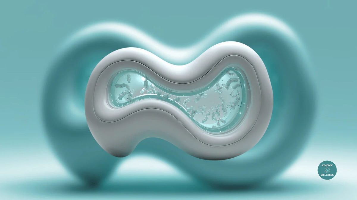 Illustration futuriste et minimaliste représentant une structure organique translucide évoquant un microbiote intestinal, avec une lueur turquoise interne et des particules en suspension sur fond neutre.