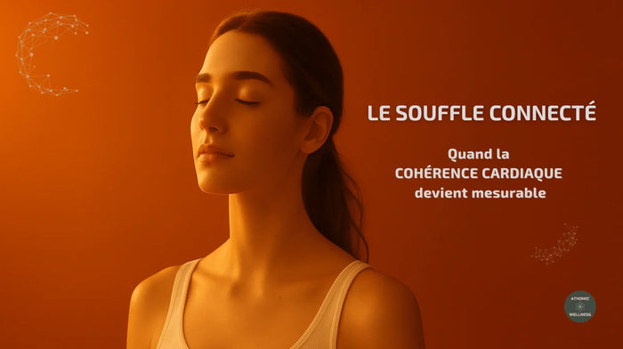 Portrait d’une femme les yeux fermés, éclairée par une lumière orange douce, symbolisant la respiration calme et la cohérence cardiaque