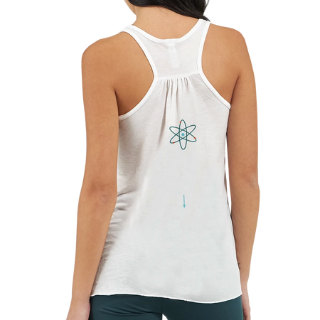 Débardeur femme Athomic Wellness Arrow blanc avec motif atome vert et flèche fine turquoise au dos