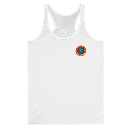 Débardeur femme sport blanc Athomic Wellness avec logo rond bleu et orange sur le devant