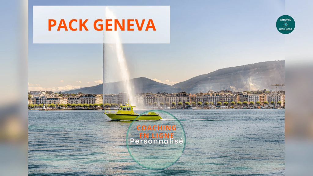 Visuel du Pack Geneva Athomic Wellness, Jet d’eau et bateau sur le lac Léman, illustrant un programme de coaching en ligne ancré à Genève avec une touche locale.
