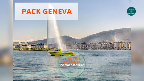 Visuel du Pack Geneva Athomic Wellness, Jet d’eau et bateau sur le lac Léman, illustrant un programme de coaching en ligne ancré à Genève avec une touche locale.