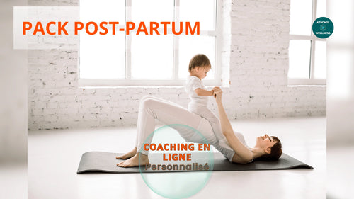 Visuel du Pack Post-Partum Athomic Wellness, jeune maman faisant un exercice de gainage avec son bébé, symbole d’un coaching en ligne personnalisé pour la remise en forme après la grossesse.