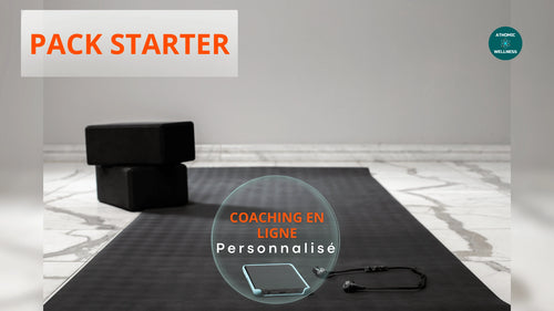 Visuel du Pack Starter Athomic Wellness, avec accessoires de sport au sol et smartphone, illustrant un programme de coaching en ligne personnalisé.