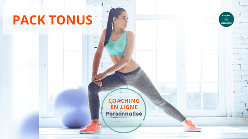 Visuel du Pack Tonus Athomic Wellness, femme en tenue de sport effectuant un étirement dynamique avec un ballon de gym en arrière-plan, représentant un programme de coaching en ligne personnalisé pour retrouver tonus et vitalité.