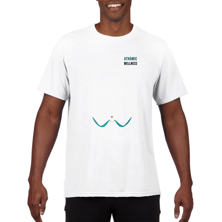 T-shirt unisexe blanc Athomic Wellness avec logo minimaliste devant et coupe confortable