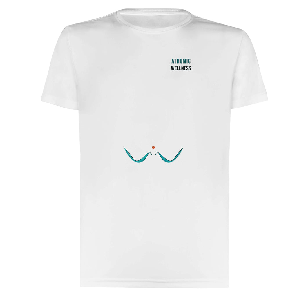T-shirt unisexe blanc Athomic Wellness avec logo minimaliste imprimé sur le devant