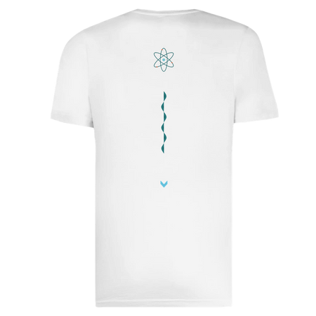 T-shirt minimaliste blanc pour adulte avec un design atomique bleu au dos Athomic Wellness