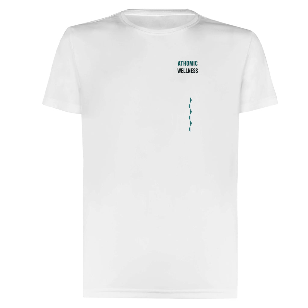 T-shirt minimaliste blanc pour adulte Athomic Wellness avec logo discret bleu