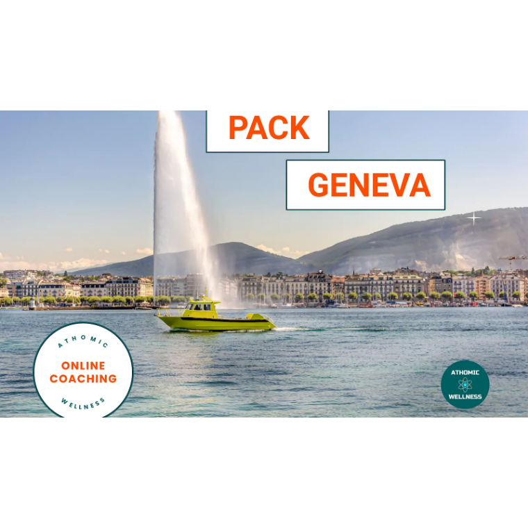 Bateau jaune sur le lac de Genève avec vue sur la ville et promotion de coaching en ligne et en présentiel