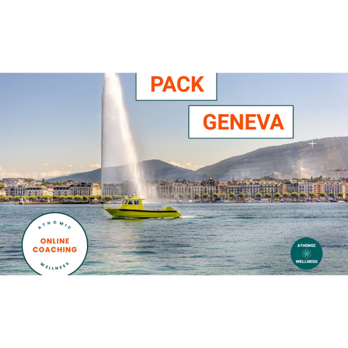 Bateau jaune sur le lac de Genève avec vue sur la ville et promotion de coaching en ligne et en présentiel