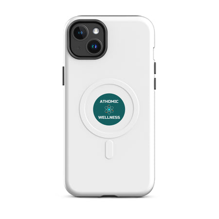 Coque iPhone MagSafe solide blanche Athomic Wellness avec logo circulaire au centre