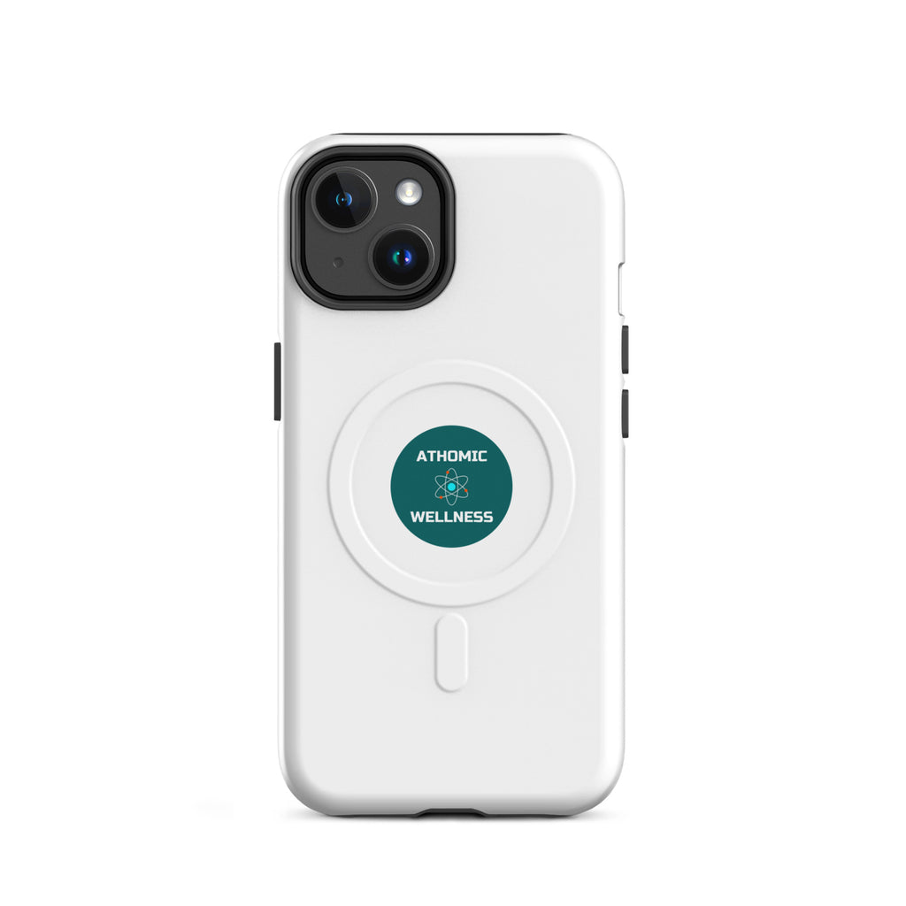 Coque iPhone MagSafe solide blanche Athomic Wellness avec protection caméra et fixation magnétique