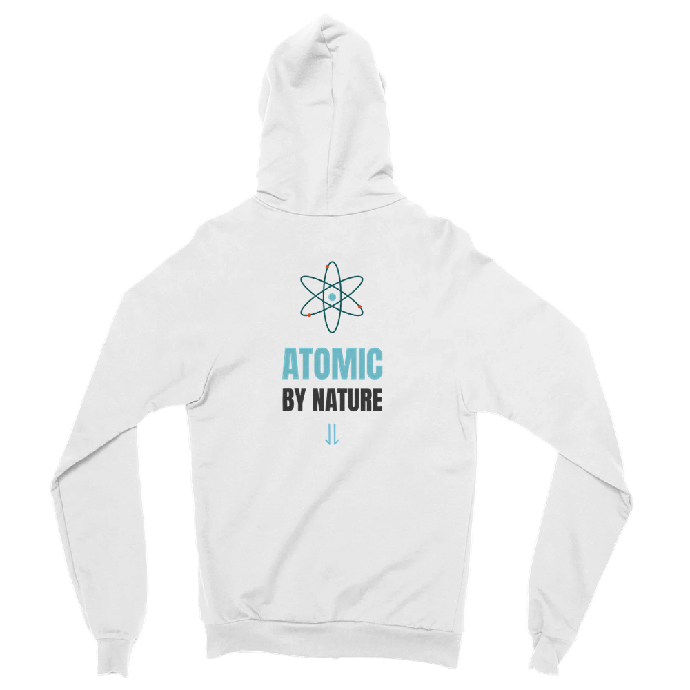 Hoodie sweat blanc Athomic Nova avec logo Atomic by Nature imprimé au dos par Athomic Wellness