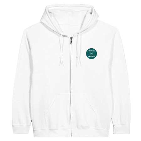 hoodie sweat blanc Athomic Nova avec fermeture éclair et logo Athomic Wellness sur le devant