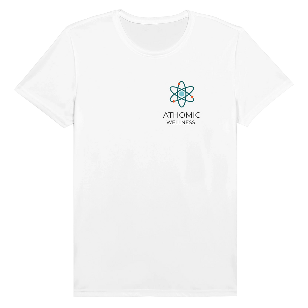 T-shirt sportif respirant homme femme blanc avec logo Athomic Wellness imprimé sur le devant