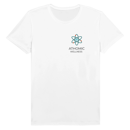 T-shirt sportif respirant homme femme blanc avec logo Athomic Wellness imprimé sur le devant