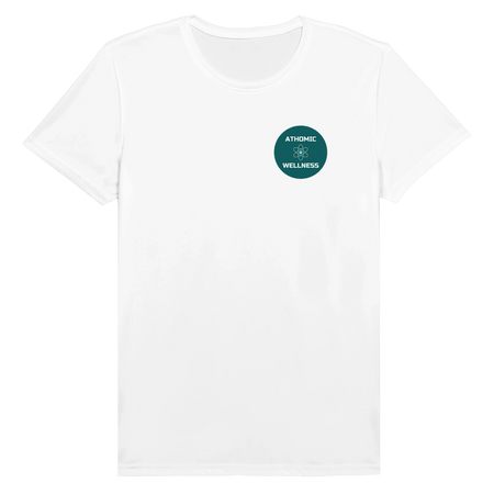 T-shirt sportif respirant homme femme blanc avec logo Athomic Wellness imprimé sur la poitrine