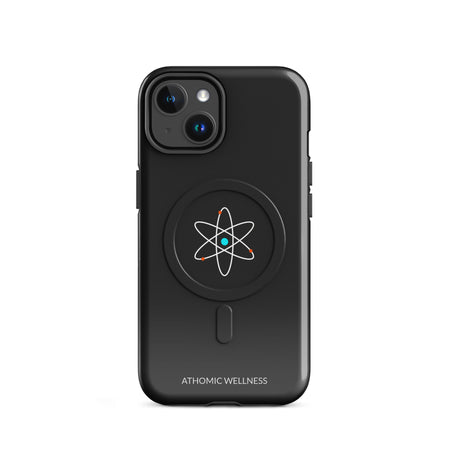 Coque iPhone MagSafe solide Athomic Wellness noire avec design atomique et protection renforcée