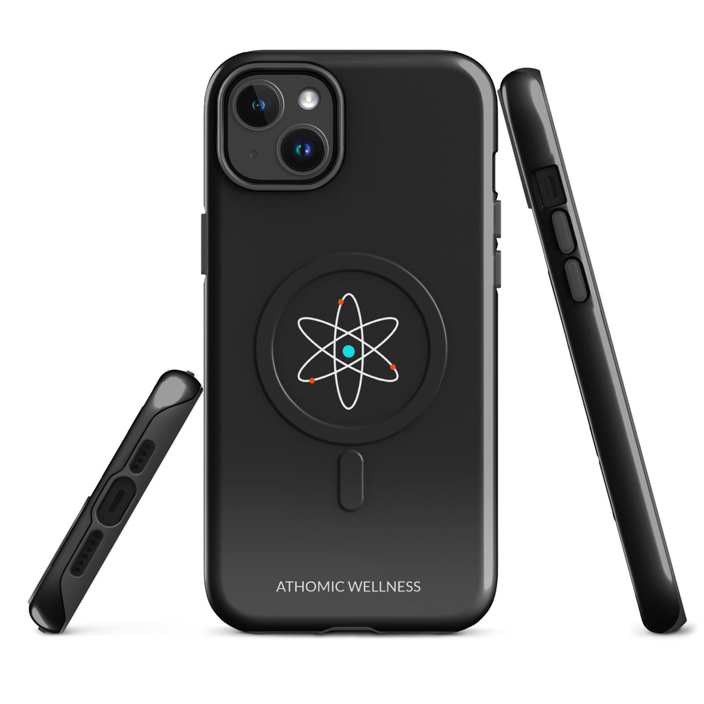 Coque iPhone MagSafe solide noire Athomic Wellness avec design atome et fonction magnétique