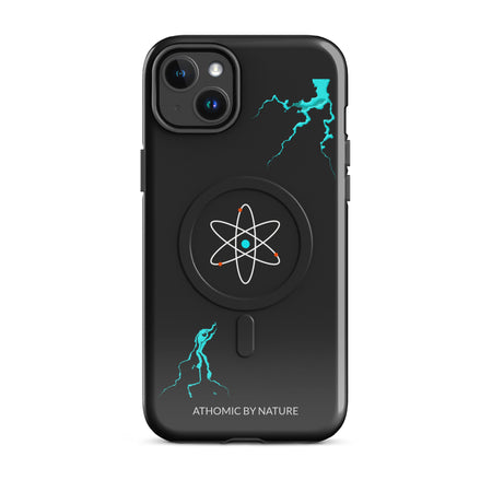 Coque MagSafe iPhone turquoise Athomic Wellness avec motif atomique et éclairs pour protection et style