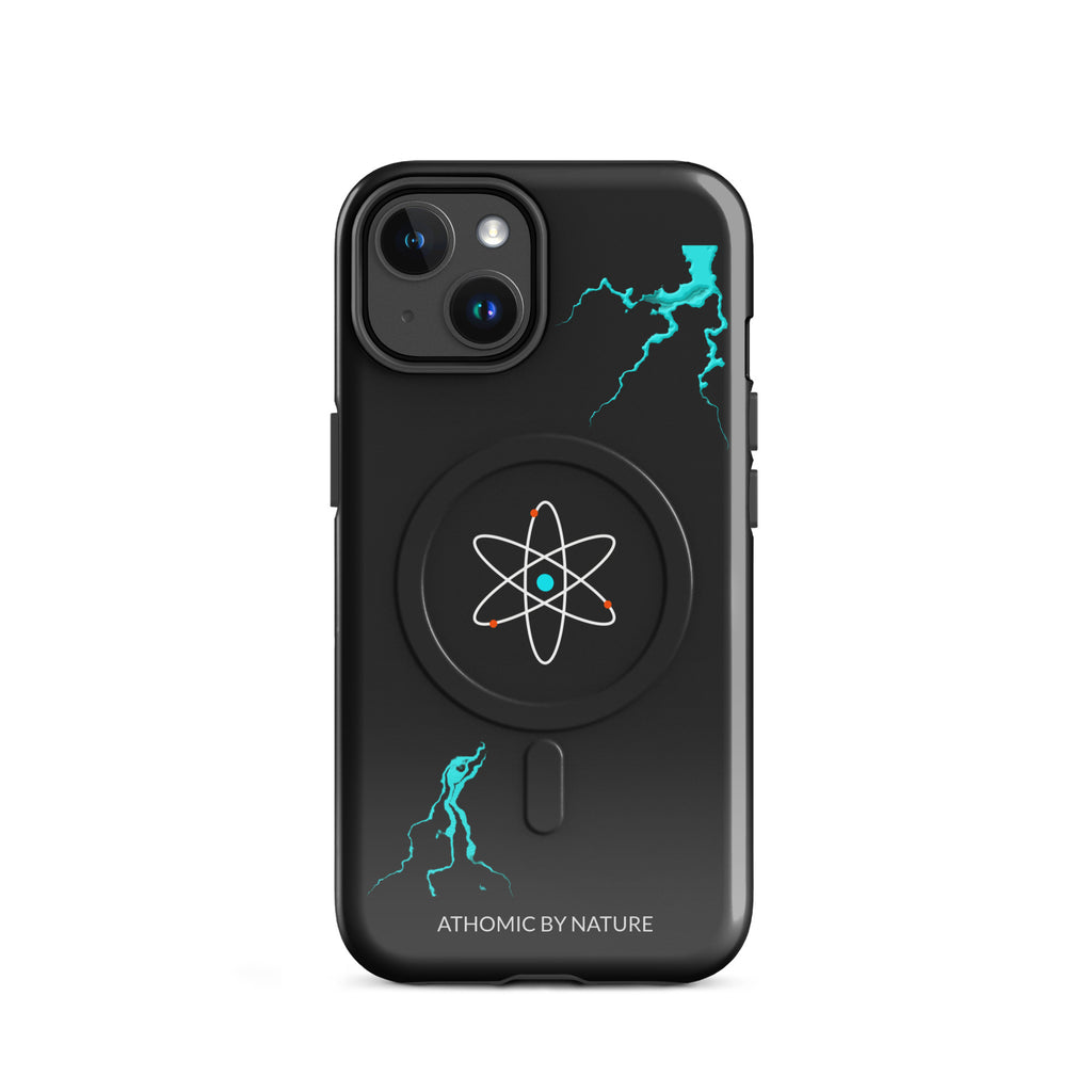 Coque MagSafe iPhone turquoise Athomic Wellness avec design atome et éclairs électriques