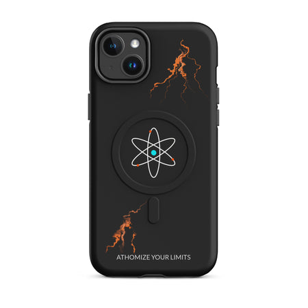 Coque MagSafe solide pour iPhone noire avec design atomique et motifs d'éclairs orange Athomic Wellness