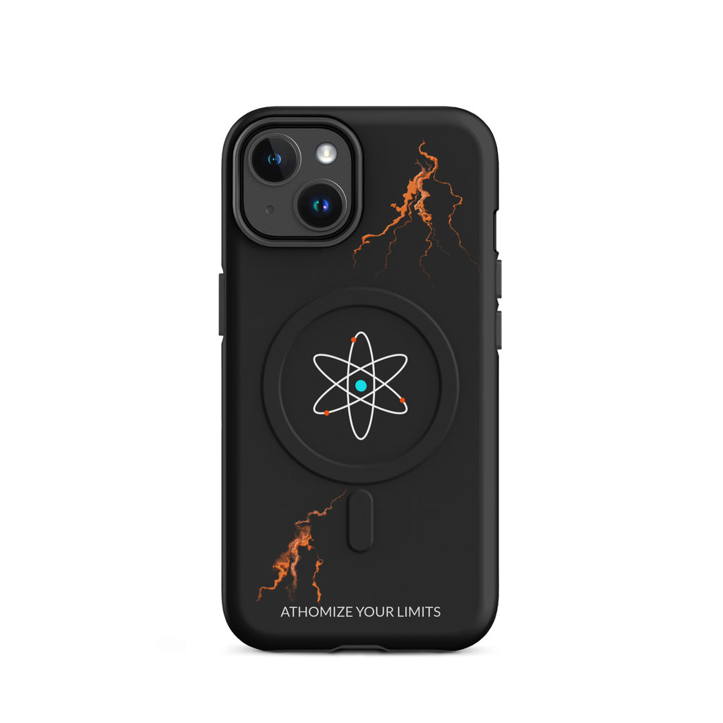 Coque MagSafe solide pour iPhone en noir avec motif atome orange par Athomic Wellness