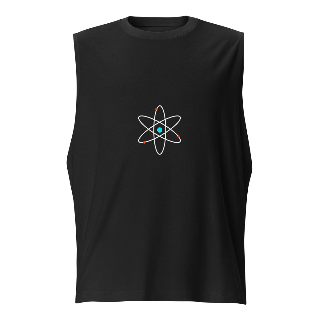 Débardeur athlétique imprimé atom noir avec design d'atome blanc bleu et orange Athomic Wellness