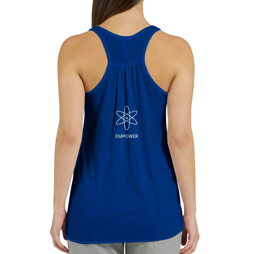 Débardeur bien-être femme tendance bleu de dos avec logo Empower pour Athomic Wellness