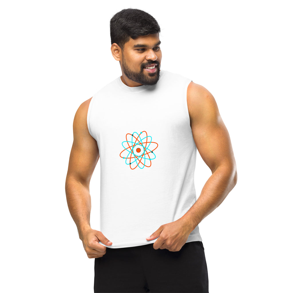Débardeur homme blanc motif coloré avec design atomique porté par homme musclé Athomic Wellness