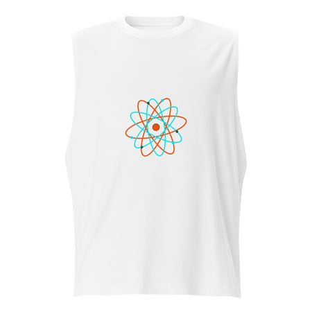 Débardeur homme blanc motif coloré avec design atomique stylisé pour Athomic Wellness