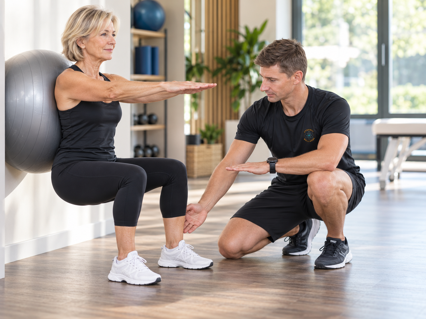 Coach sportif accompagnant une cliente senior lors d’un exercice de renforcement adapté