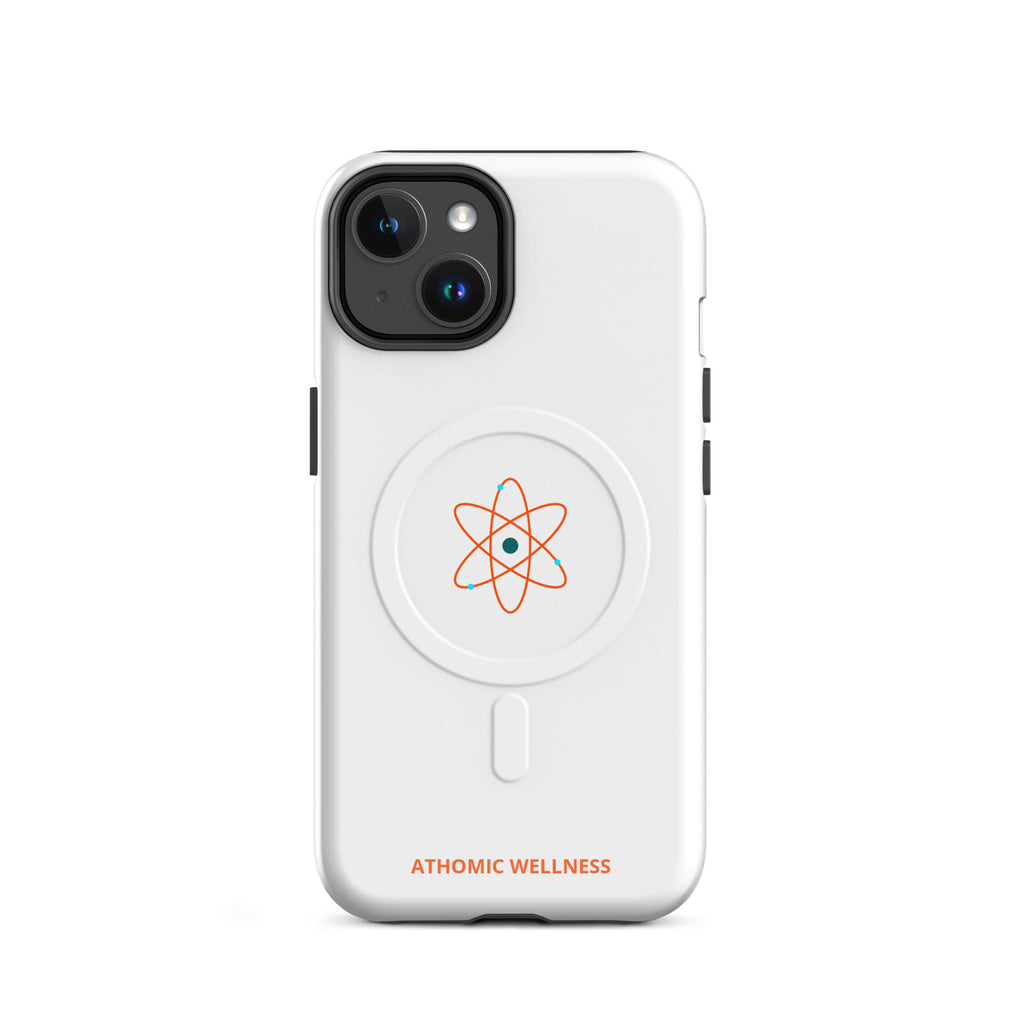 Coque résistante MagSafe pour iPhone blanche avec logo Athomic Wellness et protection caméra