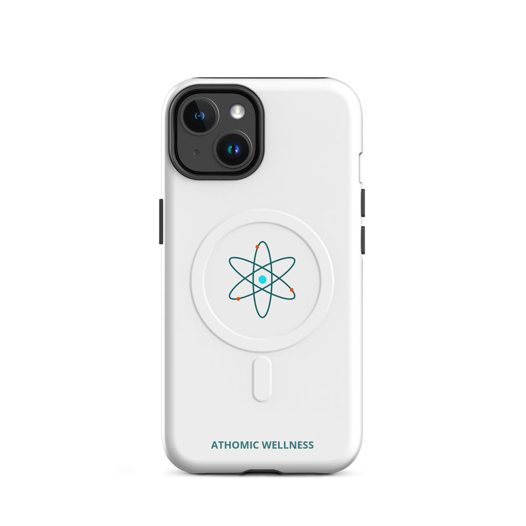 Coque iPhone MagSafe solide blanche Athomic Wellness avec design atomique minimaliste