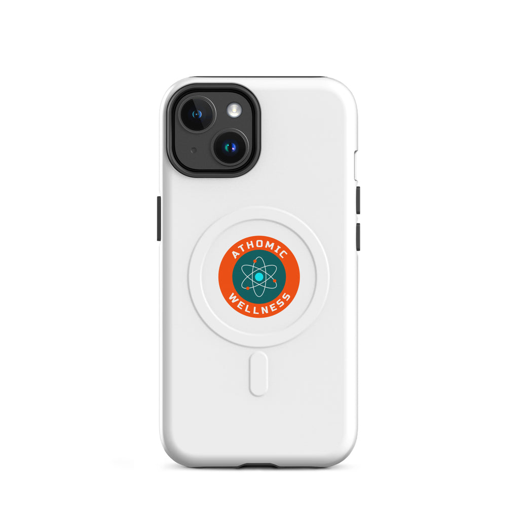 Coque MagSafe iPhone solide blanche Athomic Wellness avec logo circulaire en orange et bleu