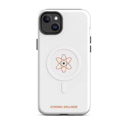 Coque résistante MagSafe pour iPhone blanche Athomic Wellness avec design atome orange