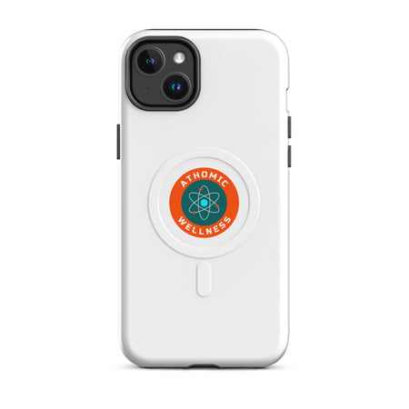 Coque MagSafe iPhone solide Athomic Wellness blanche avec logo orange et bleu et protection des caméras