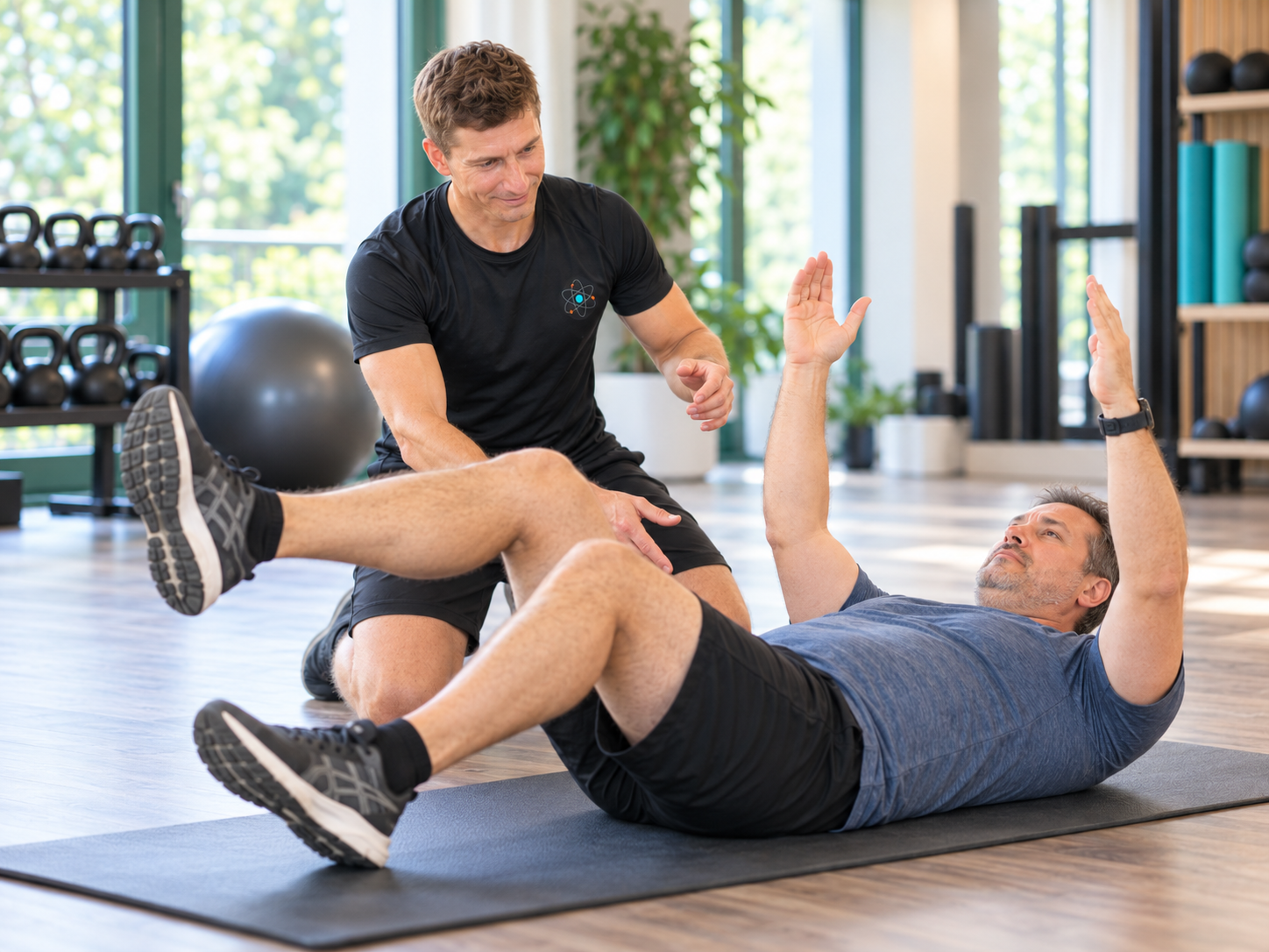 Coach adaptant un exercice au sol à un client lors d’une séance personnalisée