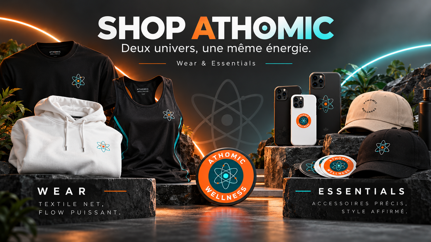 Boutique Athomic Wellness présentant les univers Athomic Wear et Athomic Essentials.