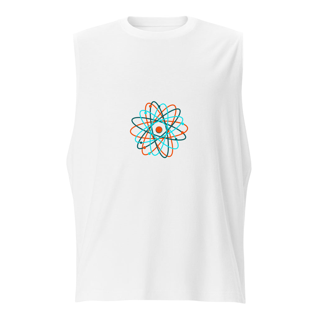 T-shirt sans manches design moderne blanc avec logo coloré en spirale au centre Athomic Wellness