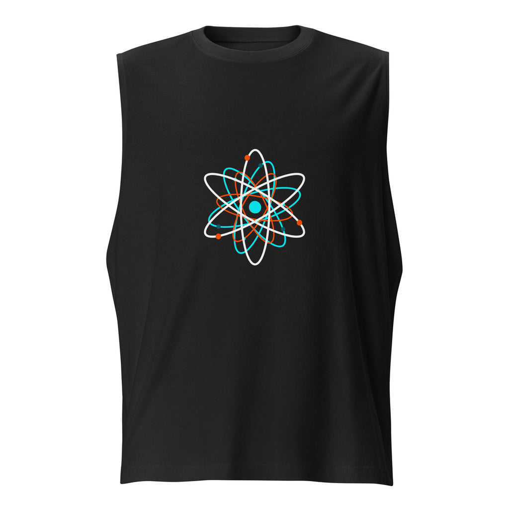 T-shirt sans manches musculation noir Athomic Wellness avec motif atome stylisé bleu et orange